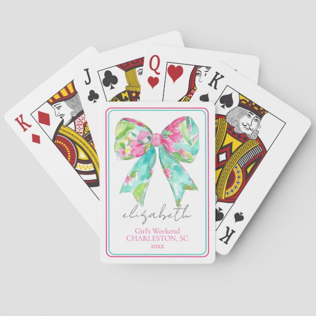 Preppy Pink and Green Bow Personalised Travel Playing Cards (Back)