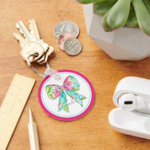 Preppy Pink and Green Bow Personalized Key Ring