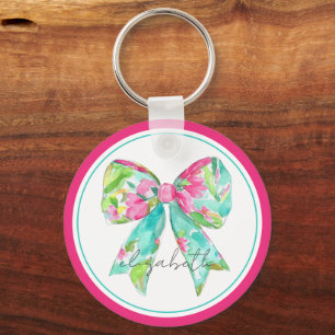 Preppy Pink and Green Bow Personalized Key Ring