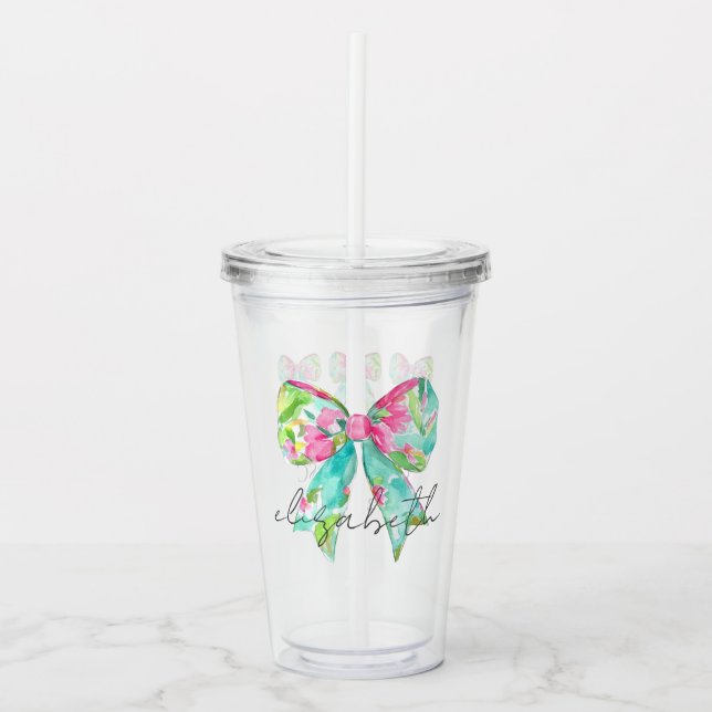Preppy Pink and Green Bows Personalised Acrylic Tumbler (Front)