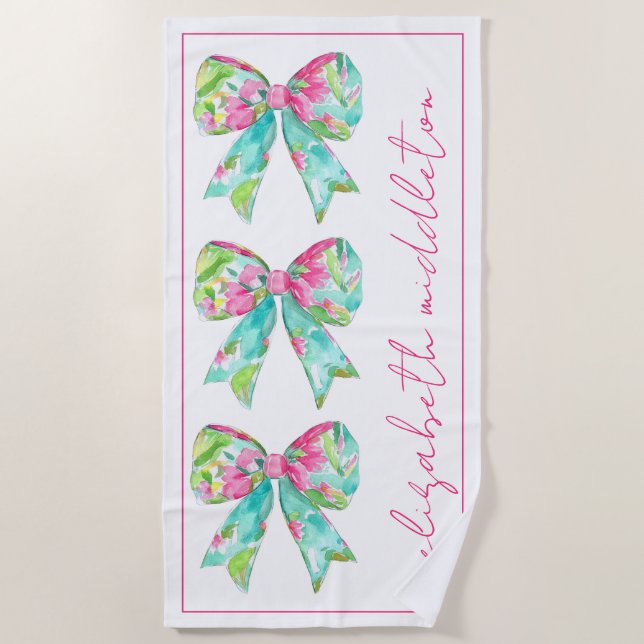 Preppy Pink and Green Bows Personalised Beach Towel (Front)