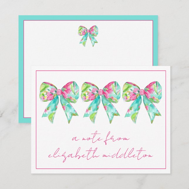 Preppy Pink and Green Bows Personalised Card (Front/Back)