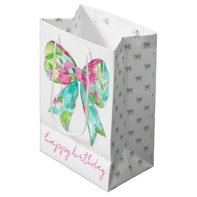 Preppy Pink and Green Bows Personalised Medium Gift Bag (Front Angled)