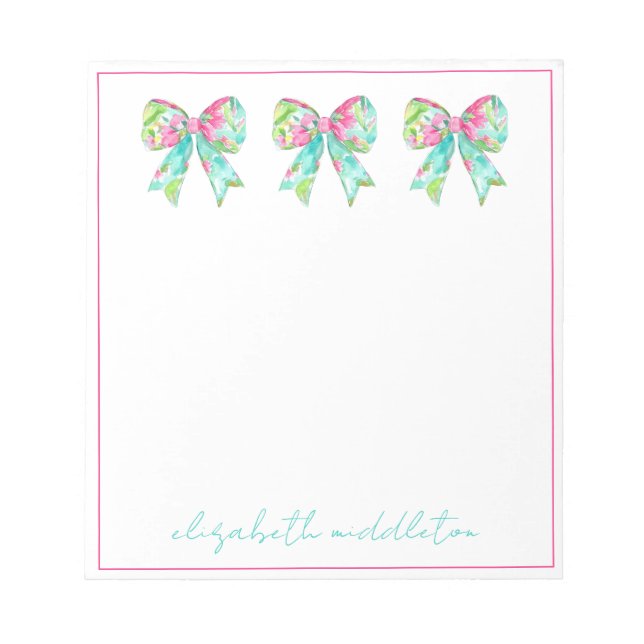 Preppy Pink and Green Bows Personalised Notepad (Front)
