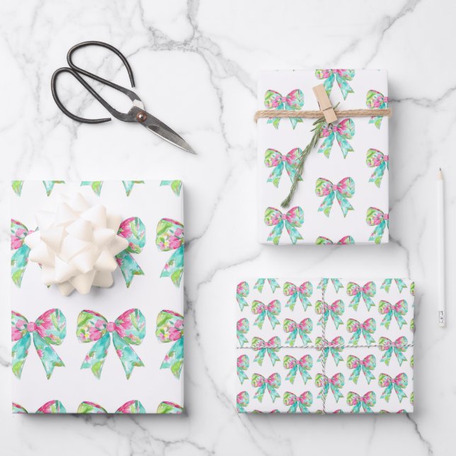 Preppy Pink and Green Bows Wrapping Paper Sheet (Front)