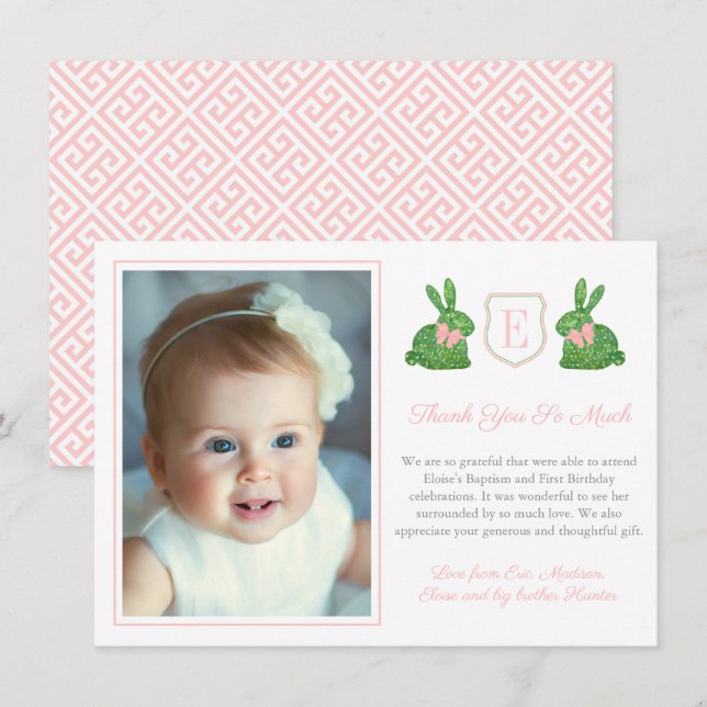Preppy Pink And Green Boxwood Bunny Baptism Photo Thank You Card (Front/Back)