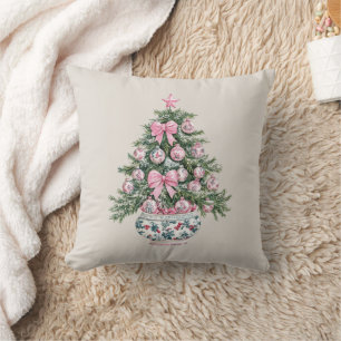 Preppy Pink and Green Chinoiserie Christmas Tree Cushion