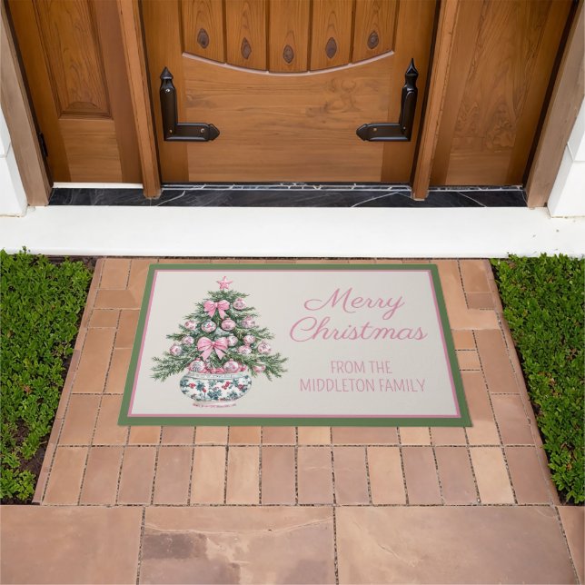 Preppy Pink and Green Chinoiserie Christmas Tree Doormat (Outdoor)