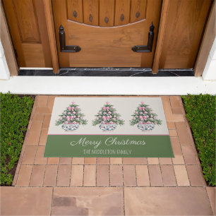 Preppy Pink and Green Chinoiserie Christmas Tree Doormat