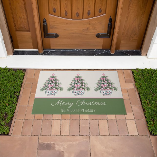 Preppy Pink and Green Chinoiserie Christmas Tree Doormat (Outdoor)