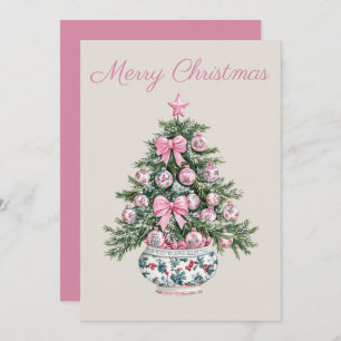 Preppy Pink and Green Chinoiserie Christmas Tree Holiday Card