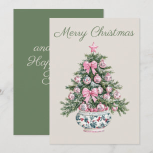 Preppy Pink and Green Chinoiserie Christmas Tree Holiday Card