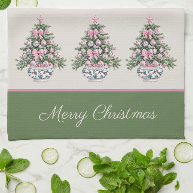 Preppy Pink and Green Chinoiserie Christmas Tree Tea Towel (Folded)