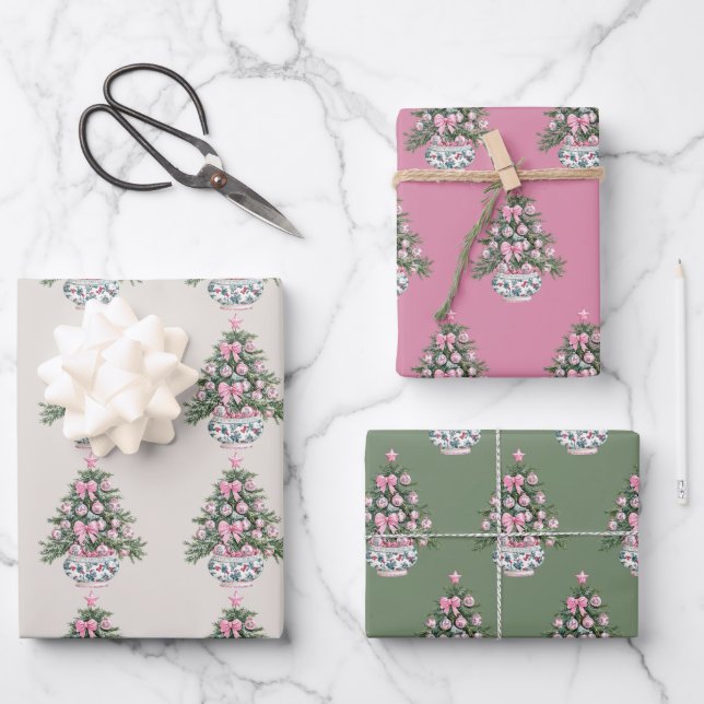 Preppy Pink and Green Chinoiserie Christmas Tree Wrapping Paper Sheet (Front)