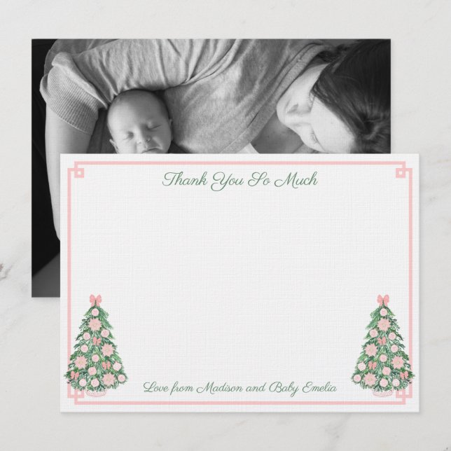 Preppy Pink And Green Christmas New Baby Photo Thank You Card (Front/Back)