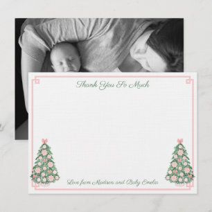 Preppy Pink And Green Christmas New Baby Photo Thank You Card
