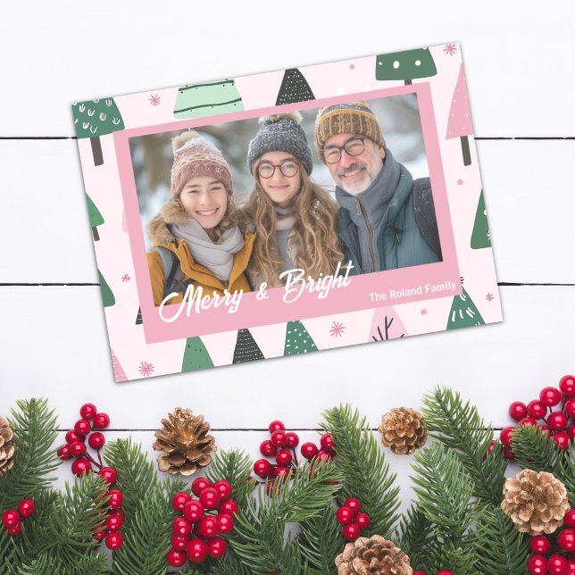 Preppy Pink and Green Christmas Tree Holiday Photo (Preppy Pink Trees Personalized Holiday Photo Christmas Card)