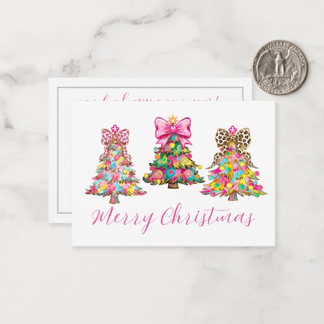 Preppy Pink and Green Christmas Trees Card (Front/Back In Situ)
