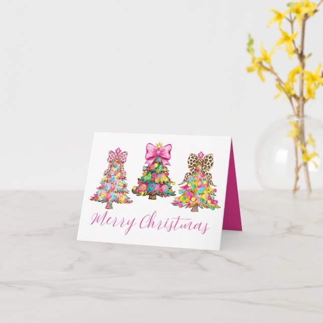 Preppy Pink and Green Christmas Trees Card (Yellow Flower)