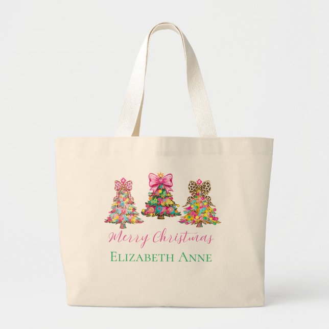 Preppy Pink and Green Christmas Trees Large Tote Bag (Front)