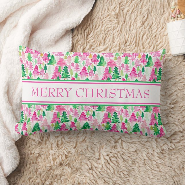 Preppy Pink and Green Christmas Trees Lumbar Cushion (Blanket)