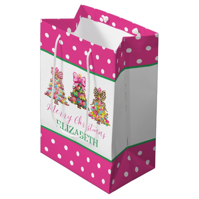 Preppy Pink and Green Christmas Trees Medium Gift Bag (Front Angled)