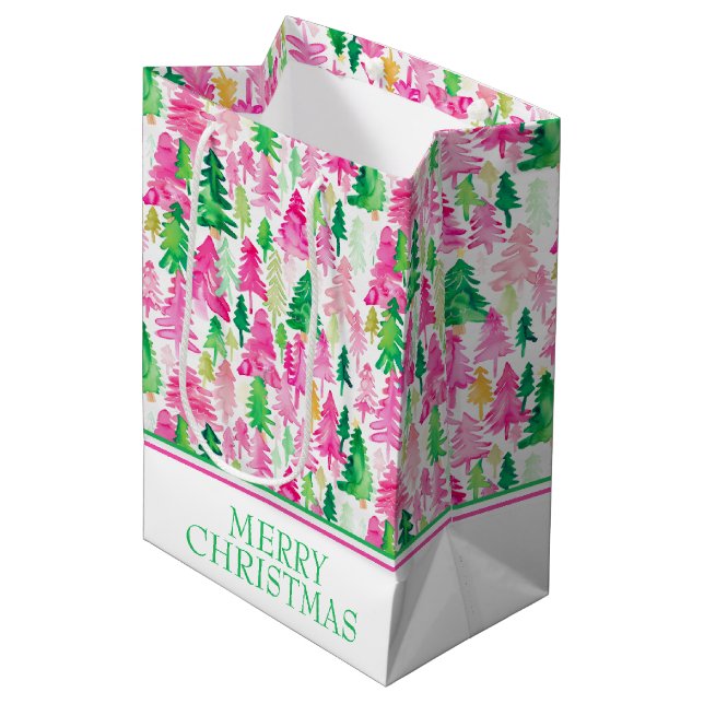 Preppy Pink and Green Christmas Trees Medium Gift Bag (Front Angled)