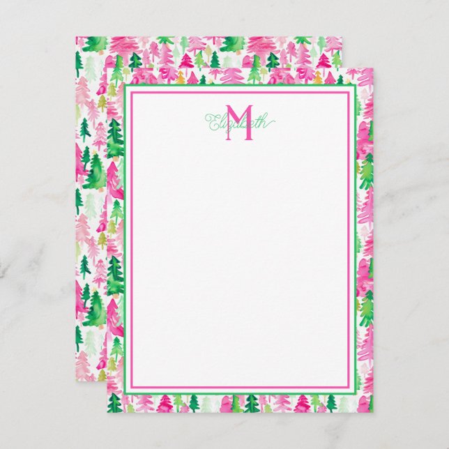 Preppy Pink and Green Christmas Trees Monogram Card (Front/Back)