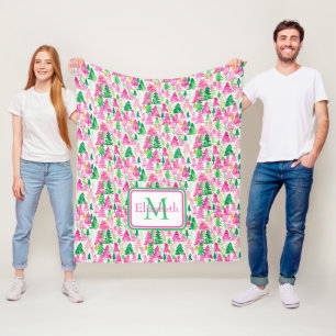 Preppy Pink and Green Christmas Trees Monogram Fleece Blanket