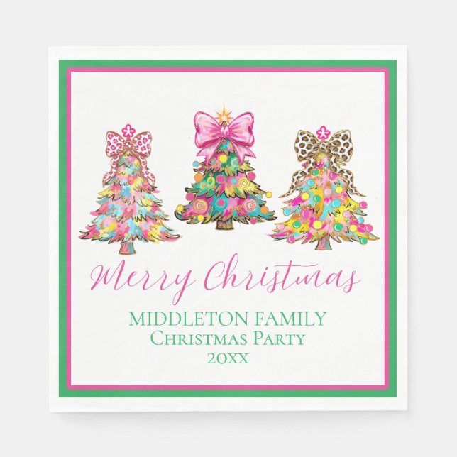 Preppy Pink and Green Christmas Trees Napkin (Front)