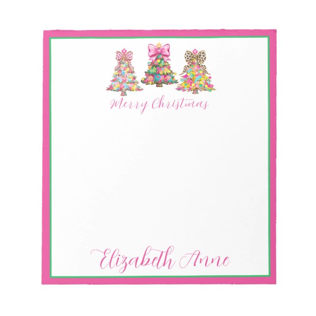 Preppy Pink and Green Christmas Trees Notepad (Front)