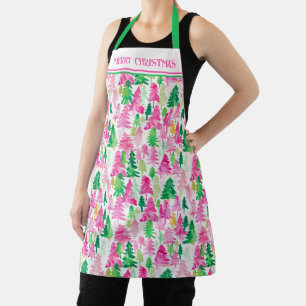 Preppy Pink and Green Christmas Trees Personalised Apron