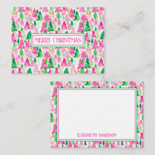 Preppy Pink and Green Christmas Trees Personalised Card
