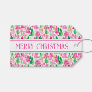 Preppy Pink and Green Christmas Trees Personalised Gift Tags