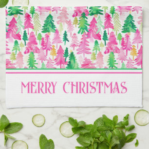 Preppy Pink and Green Christmas Trees Personalised Tea Towel