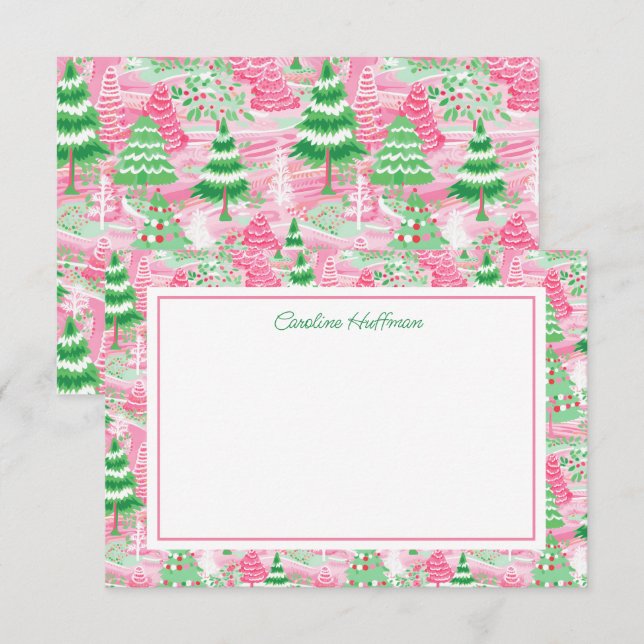 Preppy Pink and Green Christmas Trees Personalised Thank You Card (Front/Back)