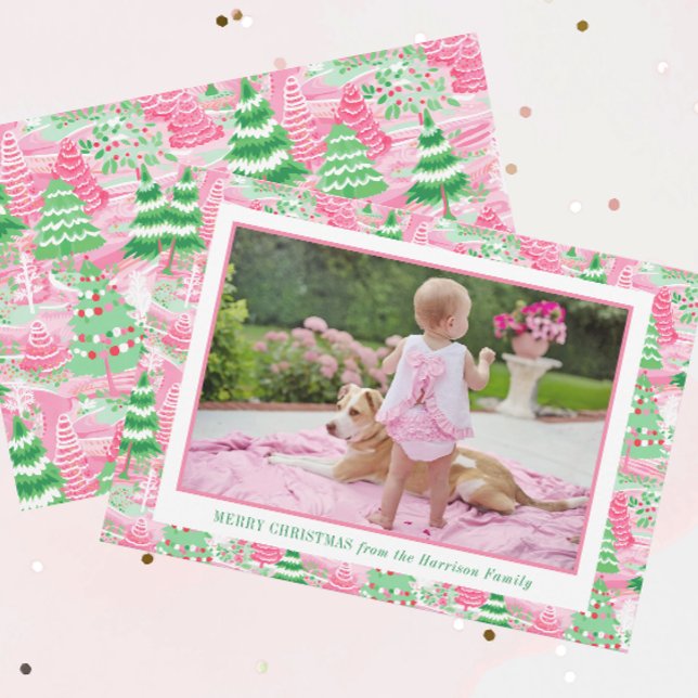 Preppy Pink and Green Christmas Trees Photo Holiday Card (Creator Uploaded)