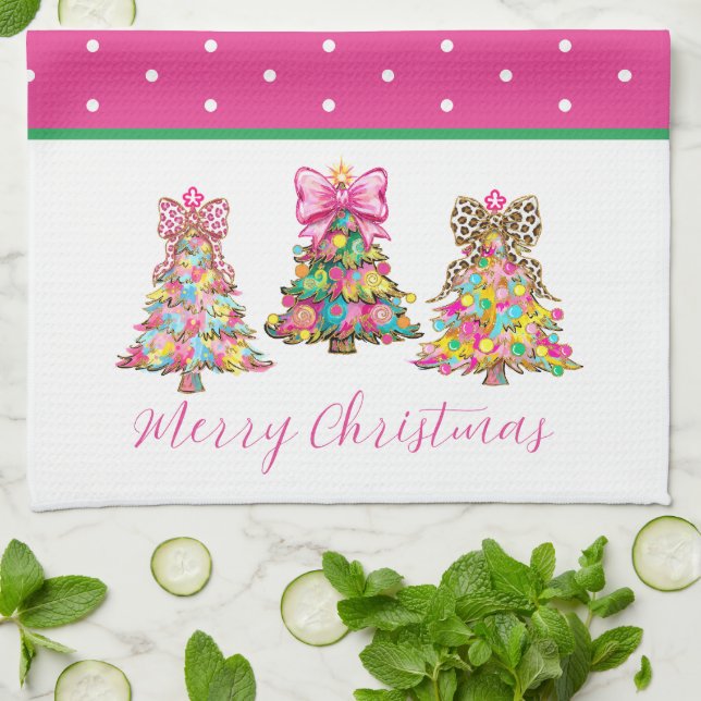 Preppy Pink and Green Christmas Trees Tea Towel (Folded)