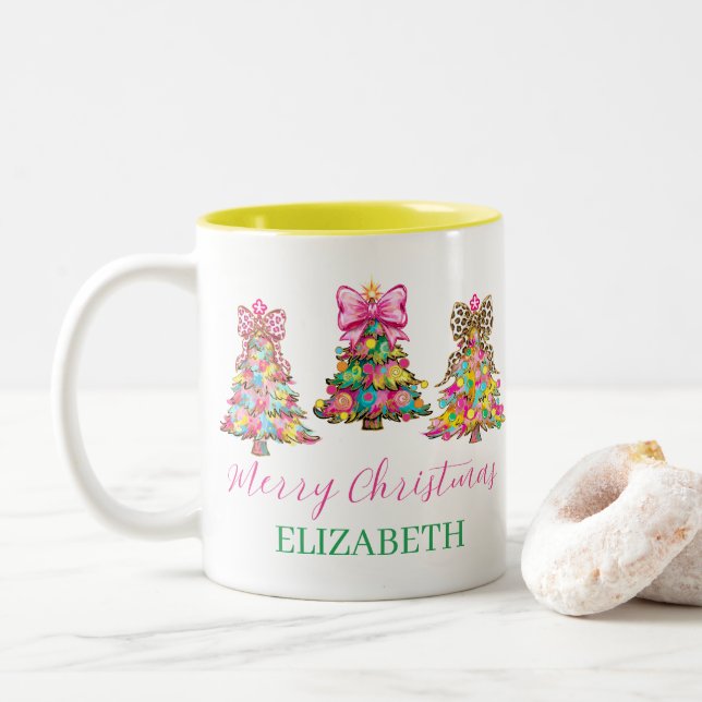 Preppy Pink and Green Christmas Trees Two-Tone Coffee Mug (With Donut)