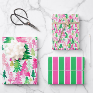 Preppy Pink and Green Christmas Trees Wrapping Paper Sheet
