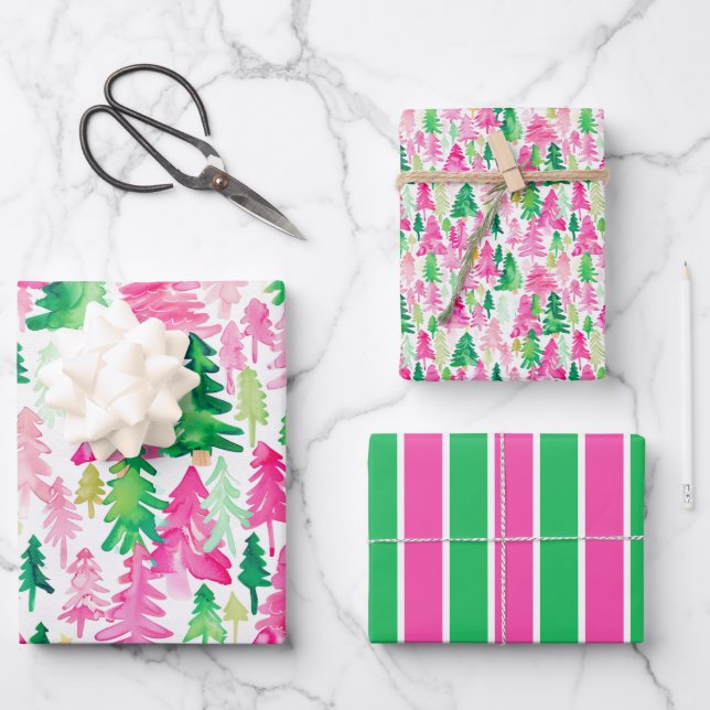 Preppy Pink and Green Christmas Trees Wrapping Paper Sheet (Front)