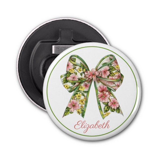 Preppy Pink and Green Floral Bow Personalised Bottle Opener (Front)