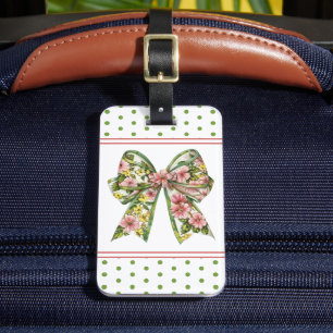 Preppy Pink and Green Floral Bow Personalised Luggage Tag