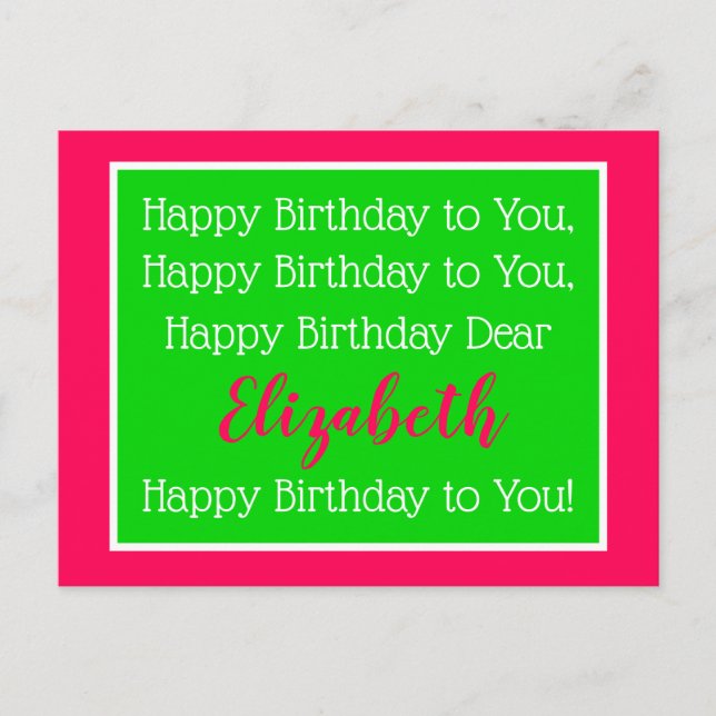 Preppy Pink and Green Happy Birthday Song Postcard (Front)