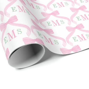 Preppy Pink And Green Monogram Bows Baby Girl Wrapping Paper