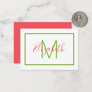 Preppy Pink and Green Monogram Card