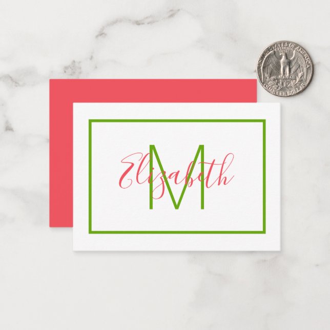 Preppy Pink and Green Monogram Card (Front/Back In Situ)