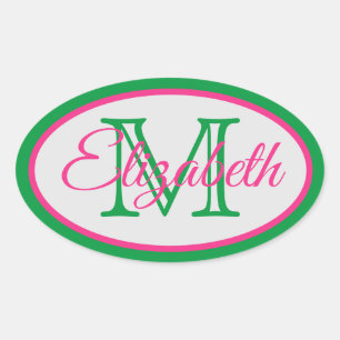 Preppy Pink and Green Monogram Oval Sticker