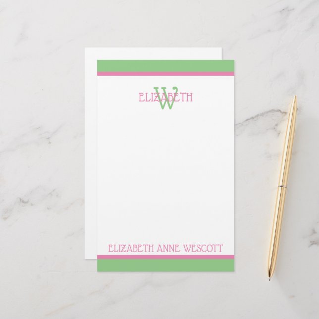Preppy Pink and Green Monogram Stationery (Front/Back In Situ)