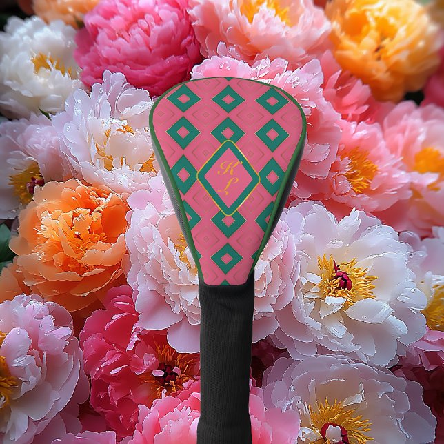 Preppy Pink and Green Monogrammed Diamond Motif  Golf Head Cover (Preppy Pink and Green Diamond Motif Golf Head Cover)